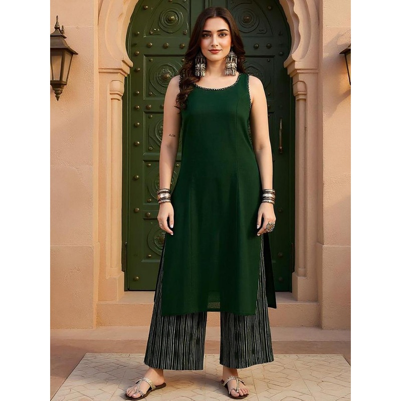 SZN Women Solid Cotton Kurta with Palazzo & Dupatta