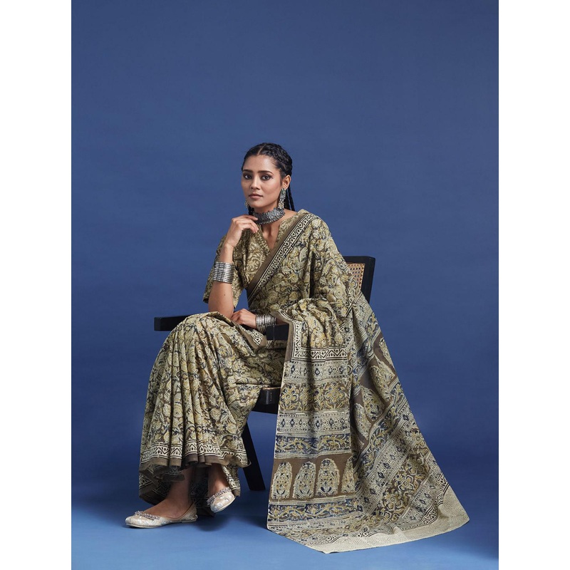 Taavi Women Hand Block Kalamkari Saree with Geometric Borders & Classic Motifs