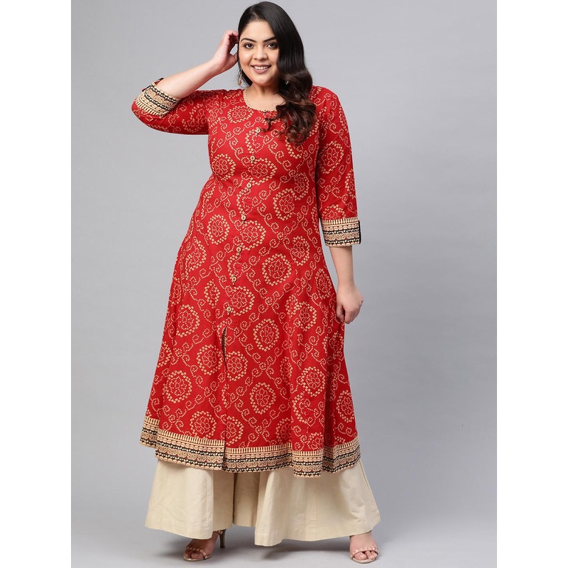 YASH GALLERY Women Plus Size Red & Beige Bandhani Print Anarkali Kurta