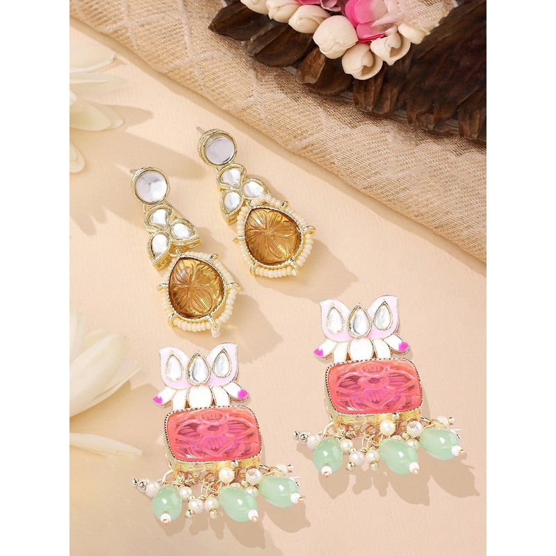 Zaveri Pearls Set of 2 Pink & Brown Contemporary Gold-Plated Drop Earrings