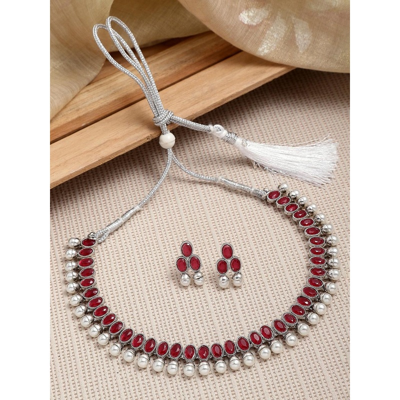 ZENEME Red Stone -Studded & Pearls-Beaded Oxidized Jewellery Set