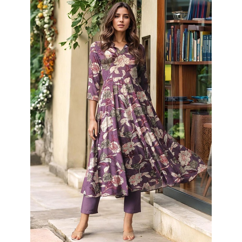 Aaghnya Women Floral Printed Anarkali Kurta with Trousers
