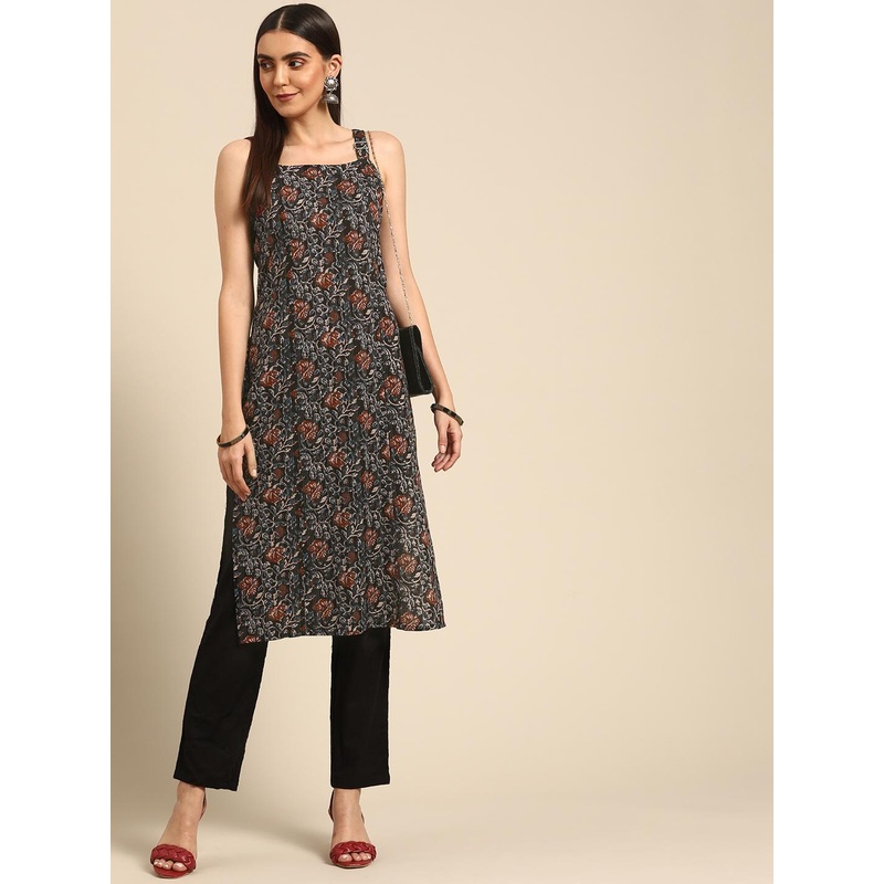 anayna Women Black & Rust Red Pure Cotton Ethnic Motifs Printed Kantha Work Kurta