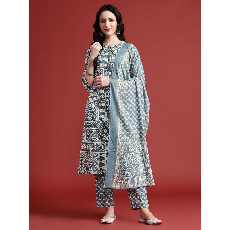Anouk Ethnic Motif Print Pure Cotton Kurta with Trousers & Dupatta