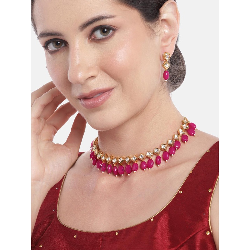 Anouk Women Gold-Plated Kundan Studded & Beaded Necklace with Earrings