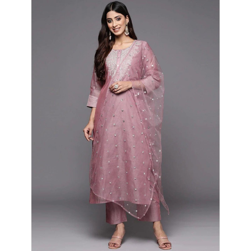 DIVASTRI Women Ethnic Motifs Embroidered Regular Kurta with Trousers & With Dupatta