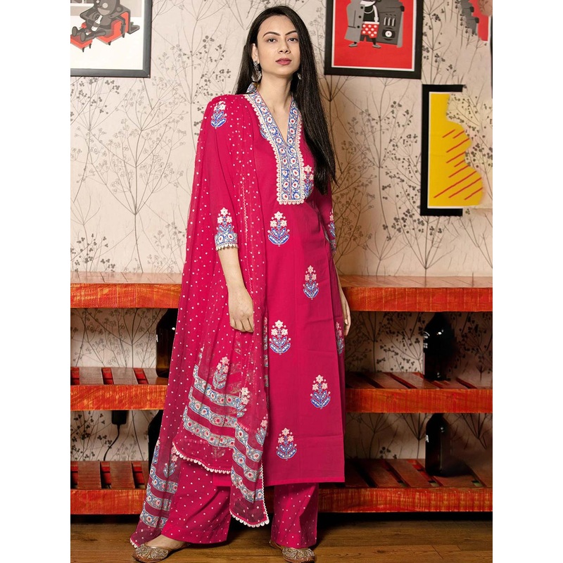 GoSriKi Ethnic Motifs Printed V-Neck Straight Kurta With Palazzo And Dupatta