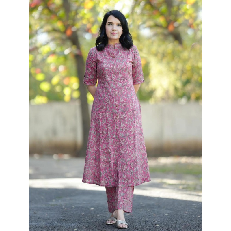 GoSriKi Floral Printed A-Line Kurta with Trousers