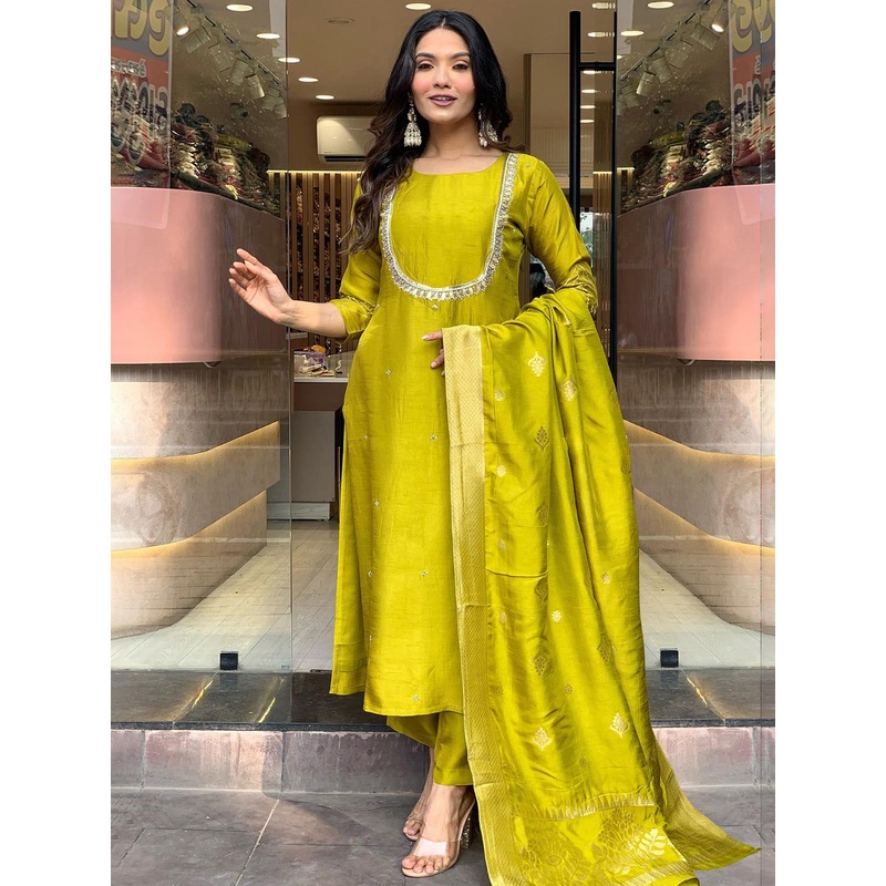 GoSriKi Women Embroidered Regular Kurta with Trousers & With Dupatta