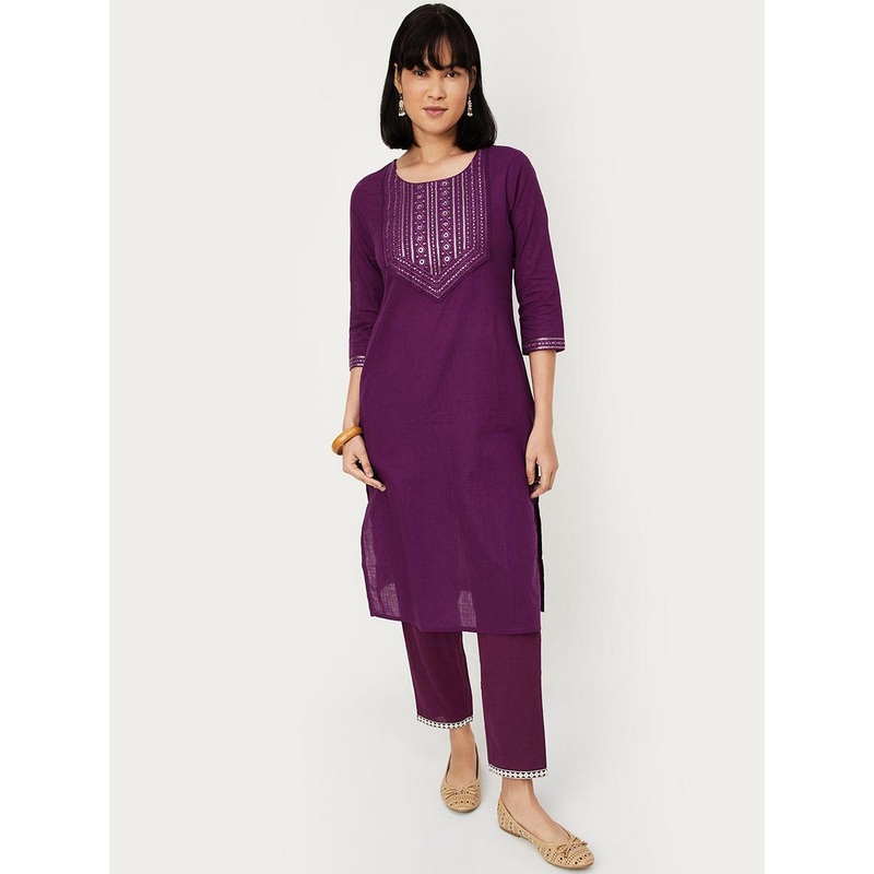 max Floral Embroidered Sequins Cotton Straight Kurta