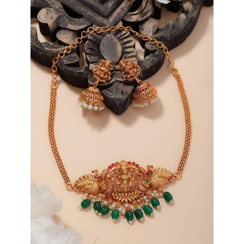 PANASH Gold-Plated Stones-Studded & Beaded Temple Choker Jewellery Set
