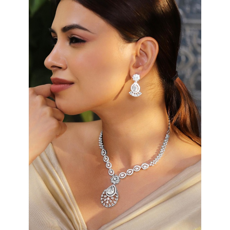 Rubans Rhodium-Plated AD & Cubic Zirconia Studded Statement Necklace Set
