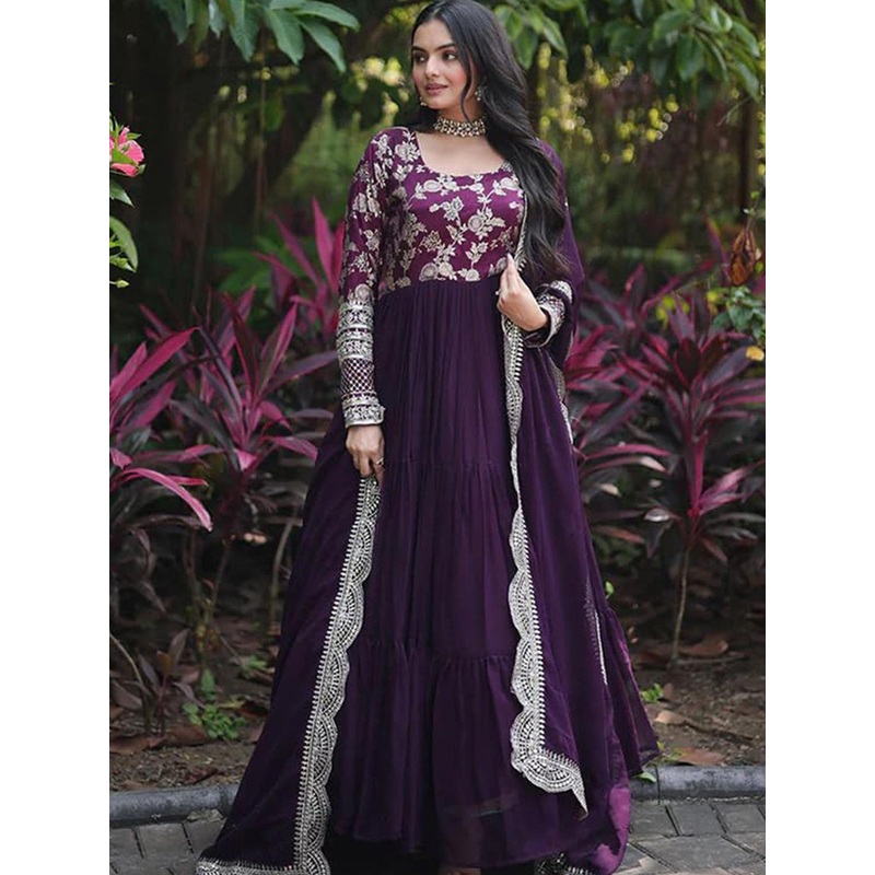 Siya Fashion Floral Embroidered Georgette Maxi Dress