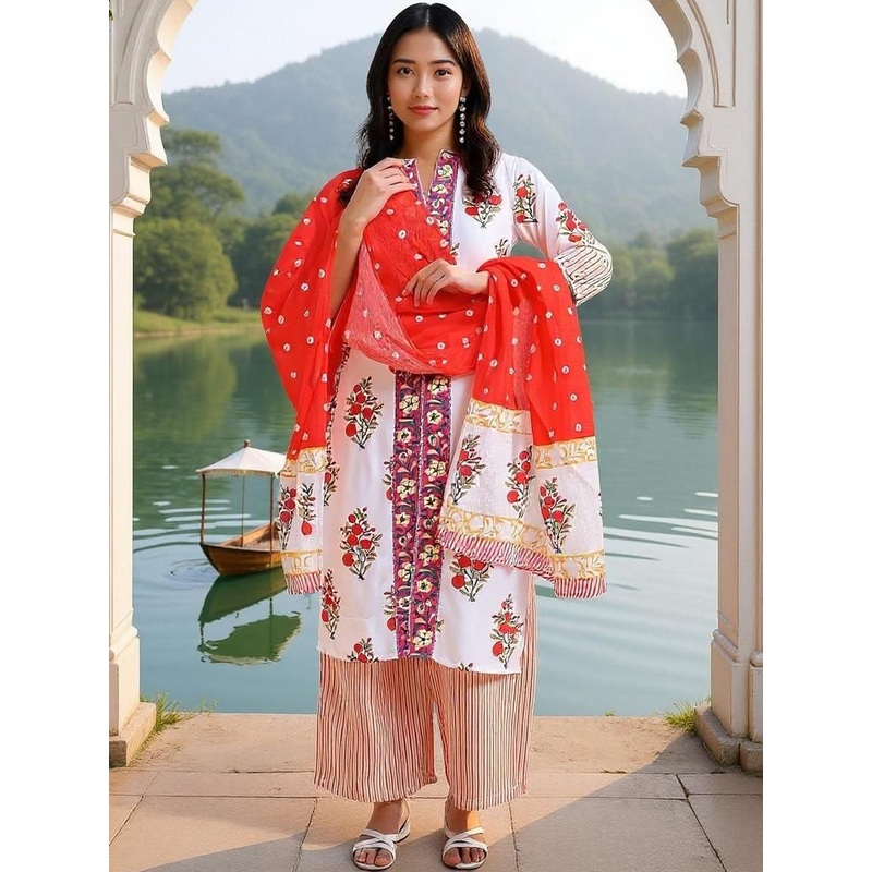 SZN Floral Printed Mandarin Collar Kurta With Palazzos And Dupatta