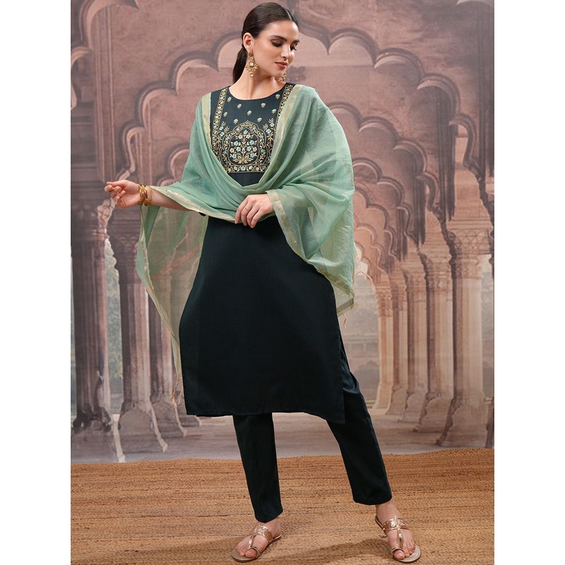 Vishudh Green Embroidered Straight Kurta with Trouser & Dupatta
