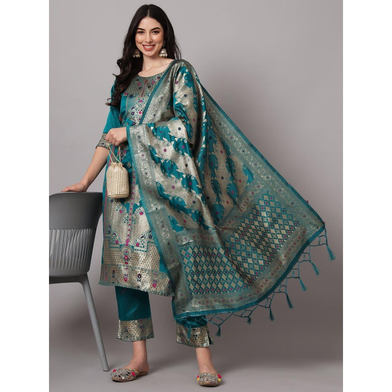 VredeVogel Women Woven Design Kurta with Trousers & Dupatta