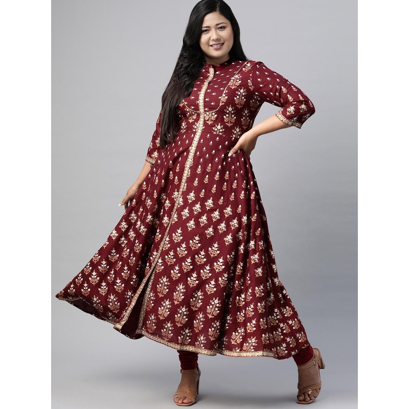 YASH GALLERY Women Plus Size Burgundy  Golden Printed Anarkali Kurta