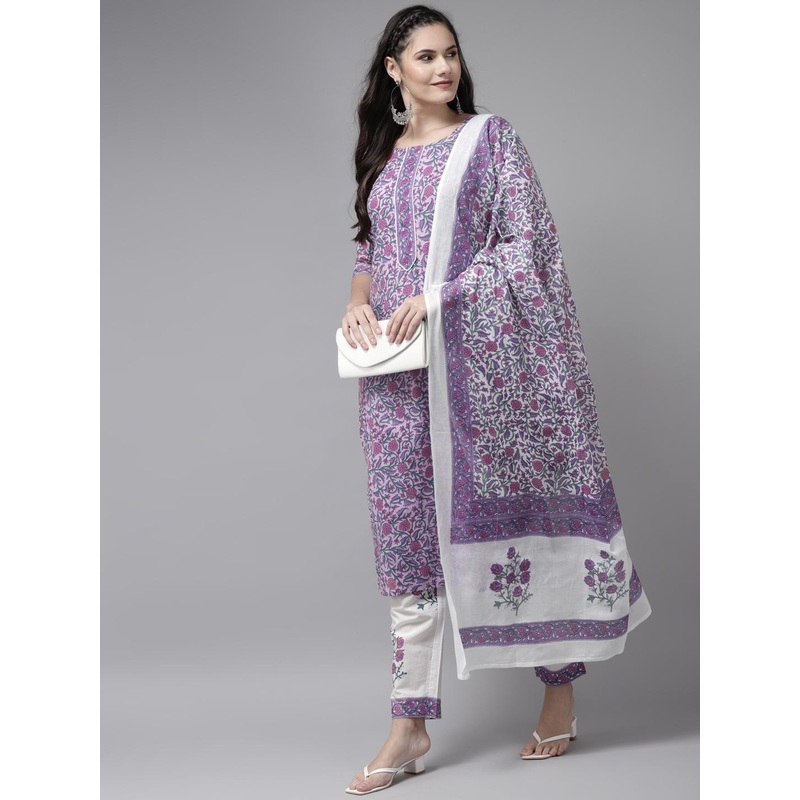 Yufta Women Lavender & White Ethnic Motifs Printed Kurta with Trousers & Dupatta