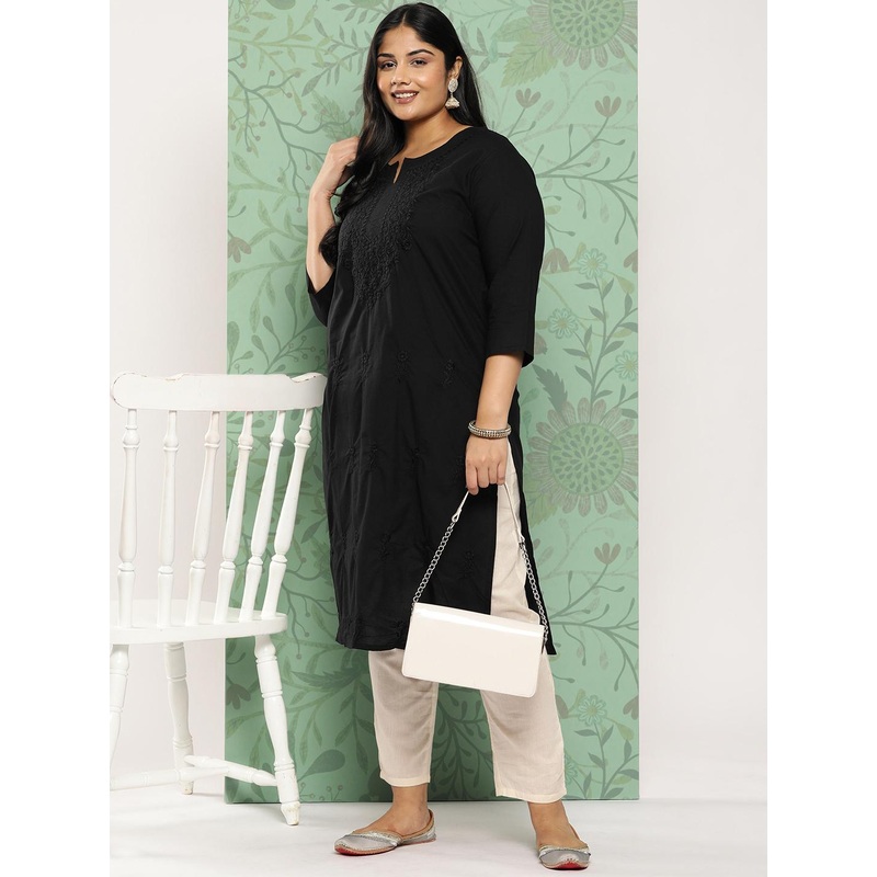 Yufta Women Plus Size Floral Embroidered Straight Kurta