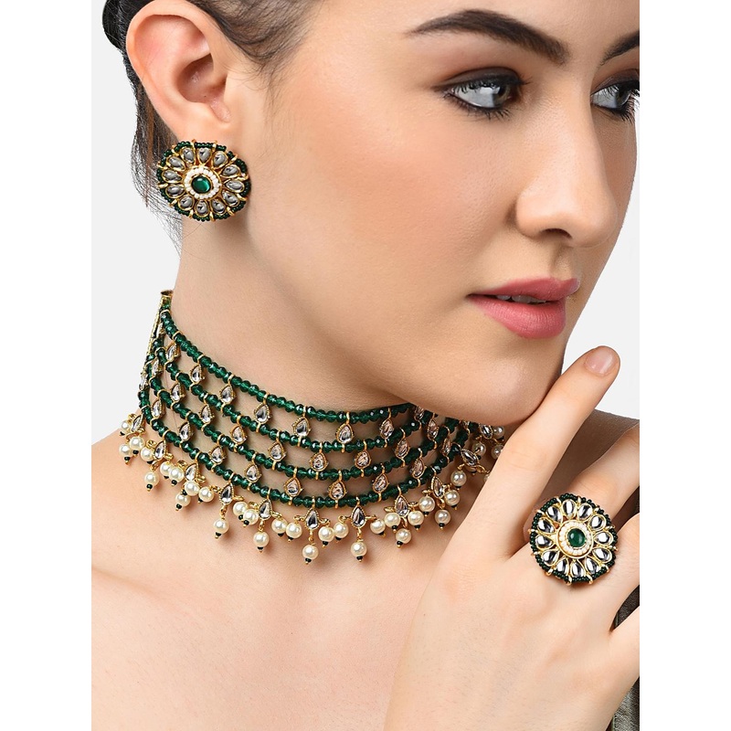 Zaveri Pearls Gold-Plated & Green Alloy Gold-Plated Kundan-Studded & Beaded Jewellery Set