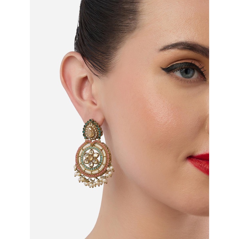 Zaveri Pearls Gold-Plated Stone Studded & Beaded Floral Drop Earrings