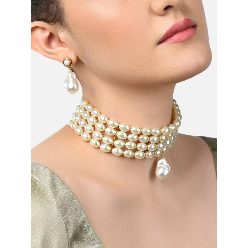 Zaveri Pearls Gold-Plated White Pearl Beaded Jewellery Set