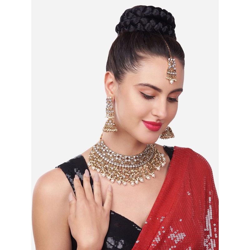 Zaveri Pearls Gold-Toned Traditional Kundan  & Pearls Studded Jewellery Set
