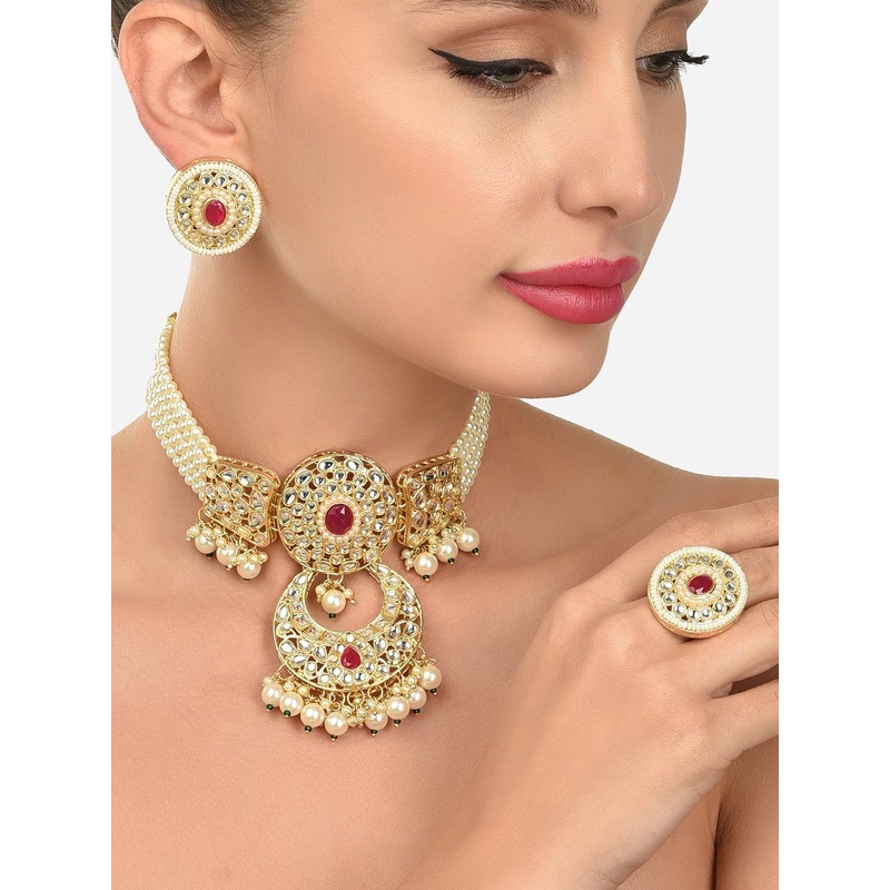 Zaveri Pearls Women Gold-Plated Kundan & Pearls Studded Choker Jewellery Set