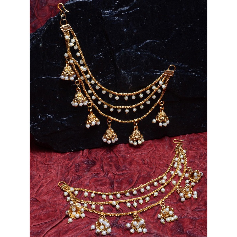 ZENEME Gold Plated Classic Jhumka Layered Pearl Earchain