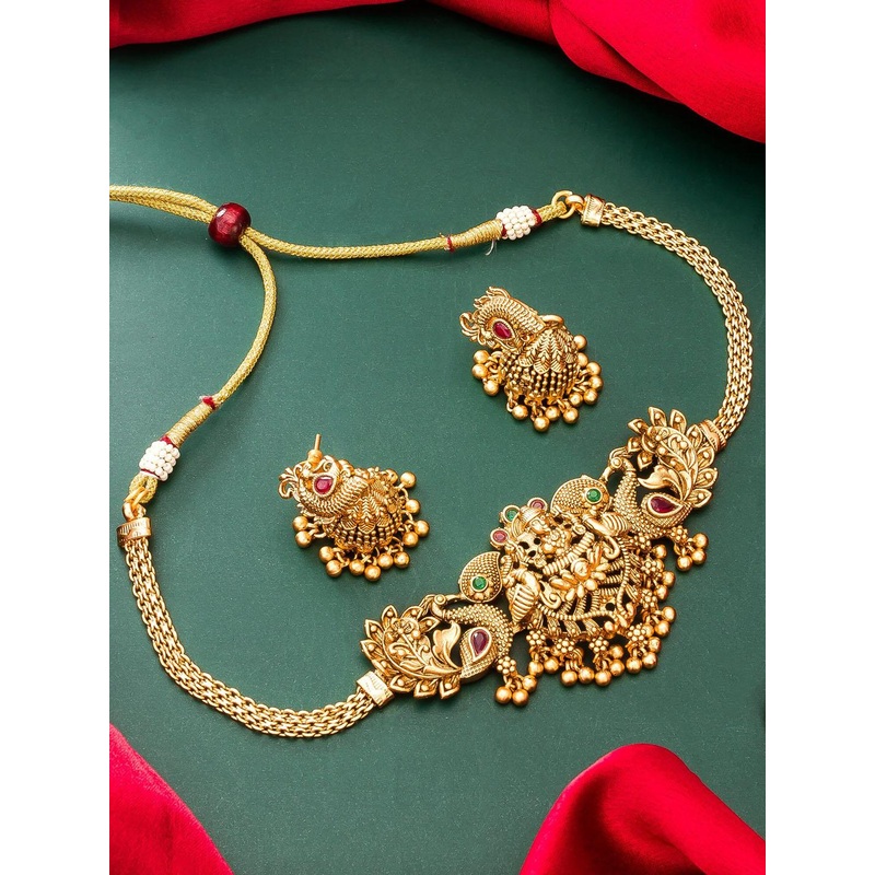 aadita Gold-Plated Stones-Studded & Beads-Beaded Temple Jewellery Set