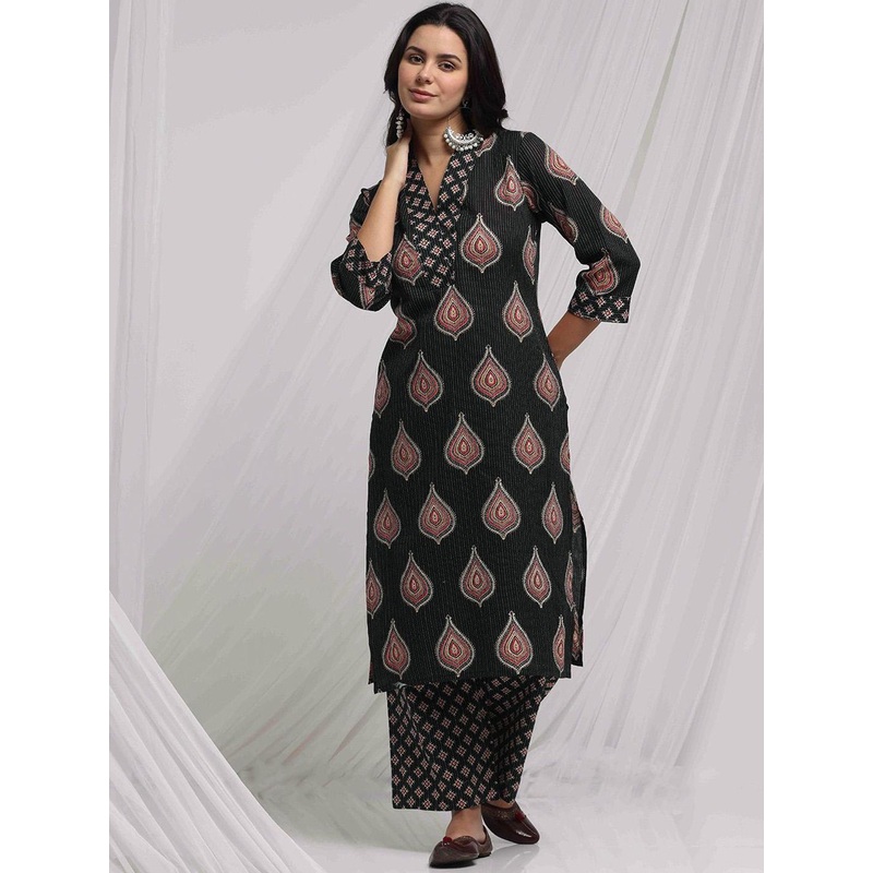 Anouk Black Ethnic Motifs Printed Pure Cotton Straight Kurta With Trouser