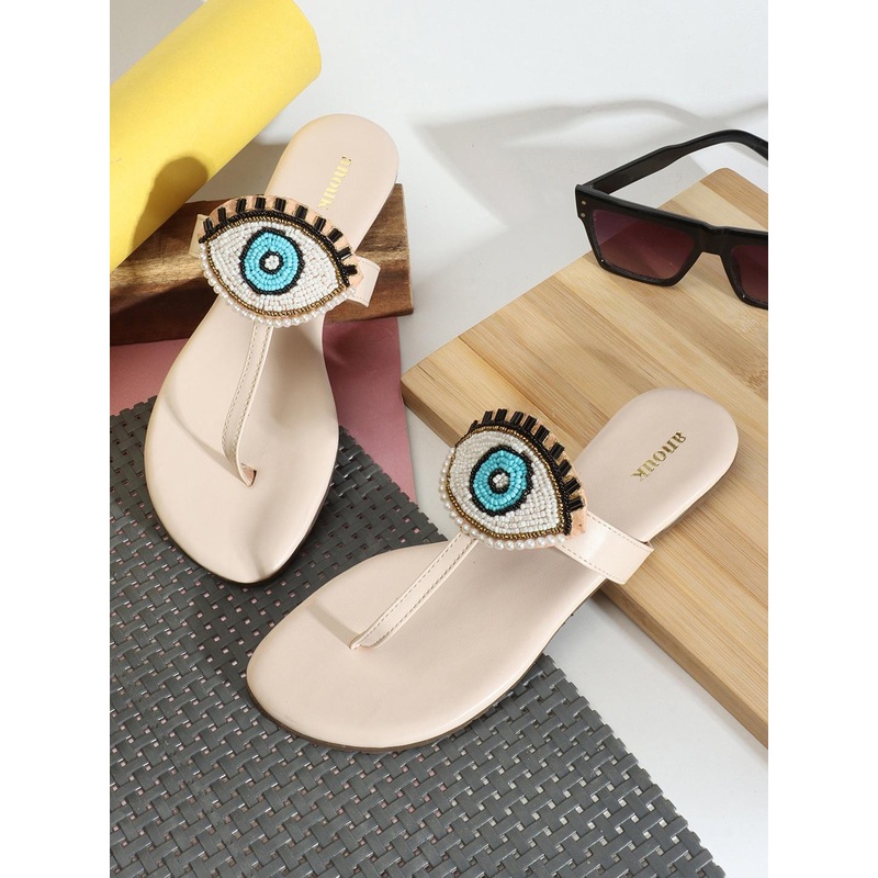 Anouk Cream Coloured Evil Eye Classic Embellished T- Strap Flats