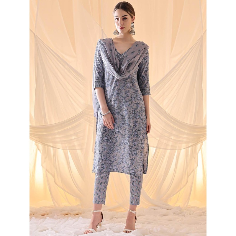 Anouk Ethnic Motifs Embroidered Sequinned Pure Cotton Kurta with Trousers & Dupatta