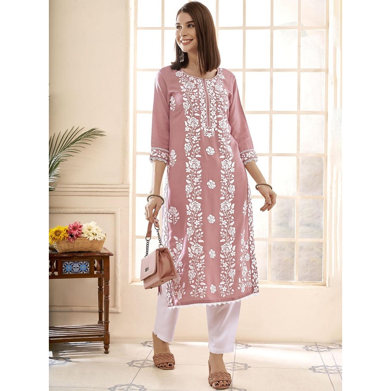 Anouk Floral Embroidered Round Neck Chikankari Straight Kurta