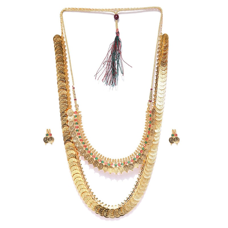 Anouk Gold-Plated Red & Green Stone Studded Necklace & Earrings