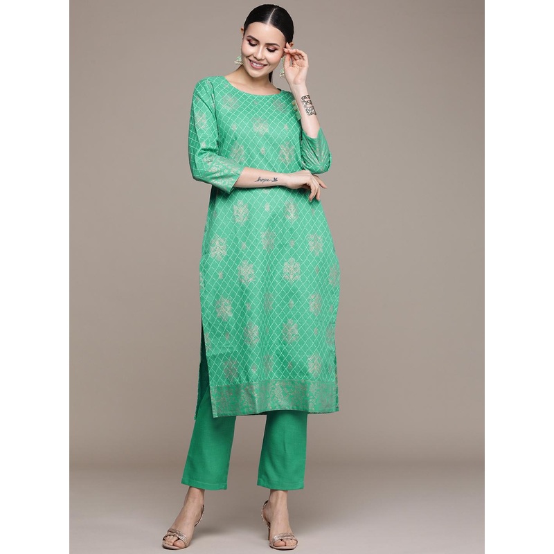 Anouk Women Green Floral Printed Regular Kurta with Trousers