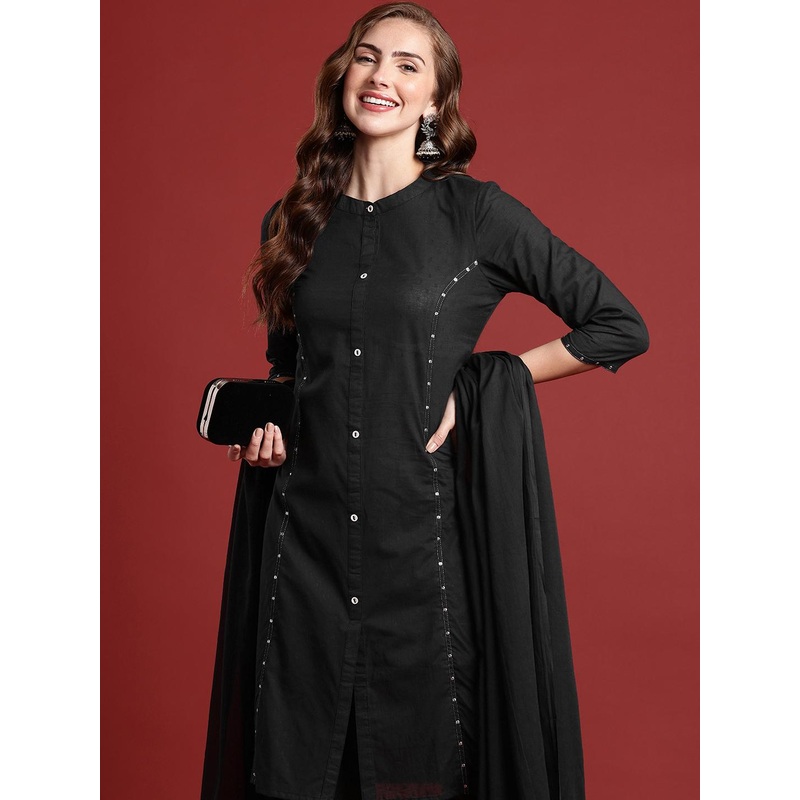 Anouk Women Woven Design Sequinned Pure Cotton Kurta with Trousers & With Dupatta