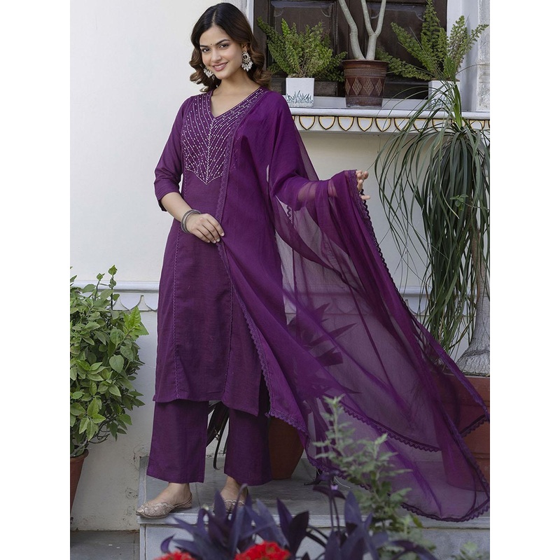 Anouk  Women Yoke Design V-Neck Mirror Work Straight Kurta With Trouser & Dupatta