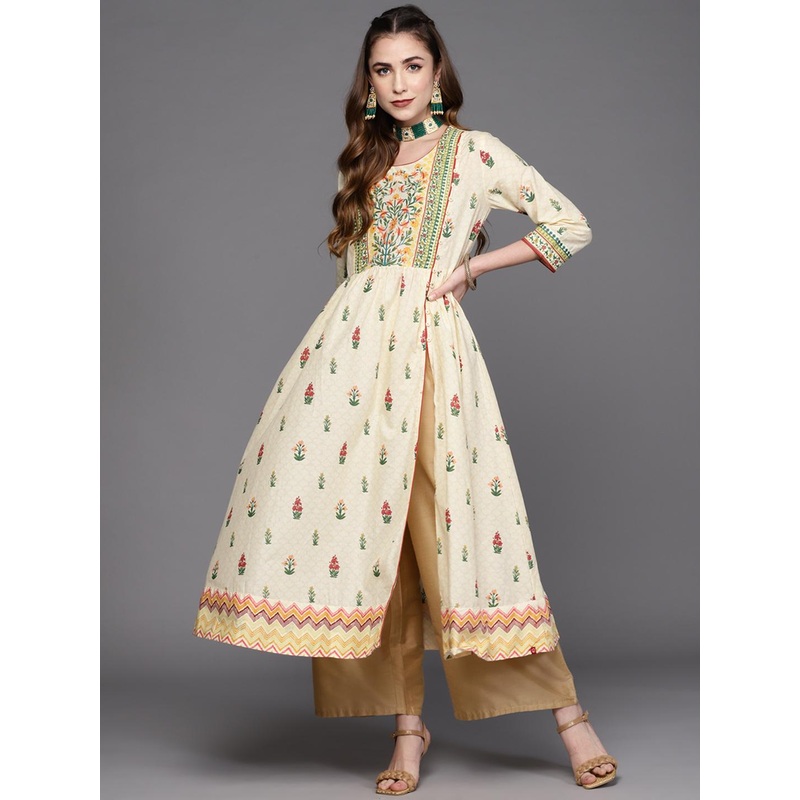 Biba Women Cream-Coloured & Green Ethnic Motifs Printed Front Slit A-Line Kurta