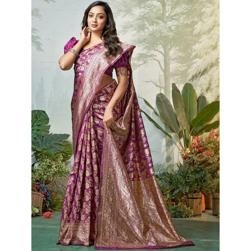 DIVASTRI Ethnic Motifs Woven Design Zari Heavy Work Banarasi Saree With Blouse