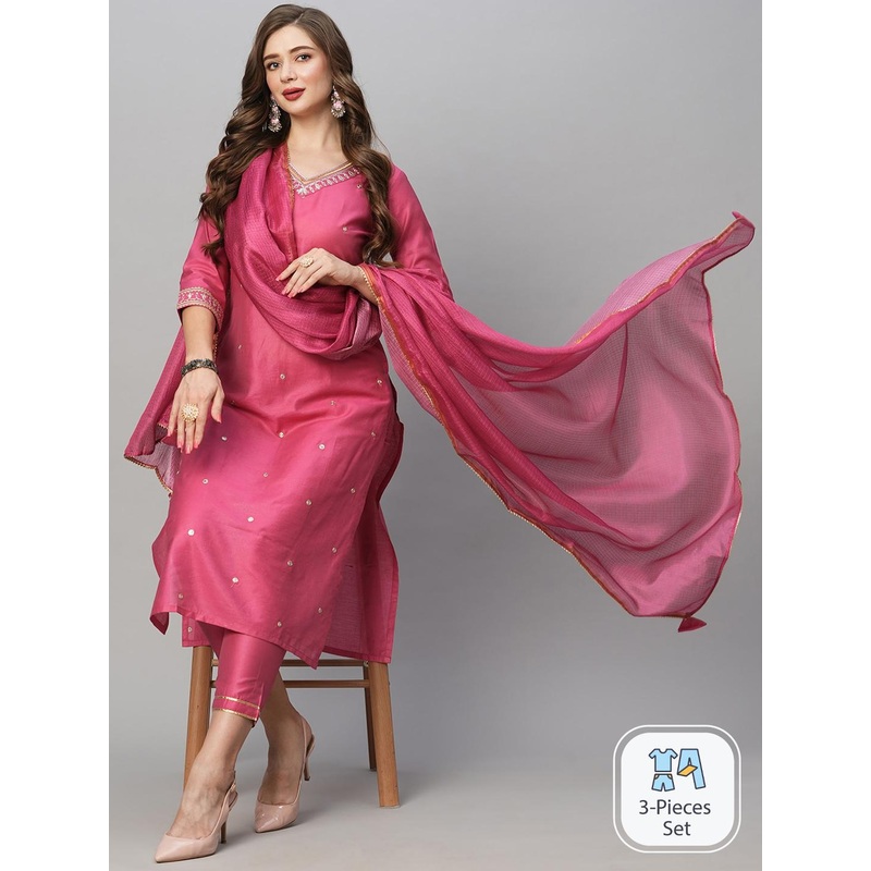 GoSriKi Ethnic Motifs Embroidered Sequinned Kurta With Trousers & Dupatta