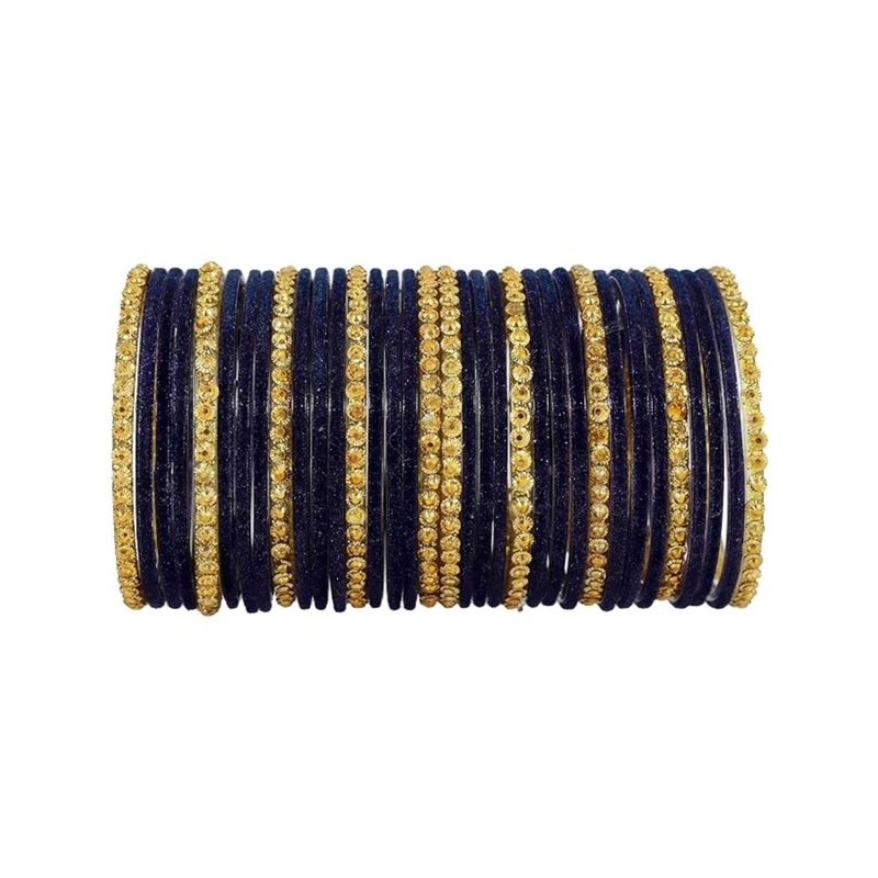 Guddan Set of 34 Navy & Golden Glass Bangle Set