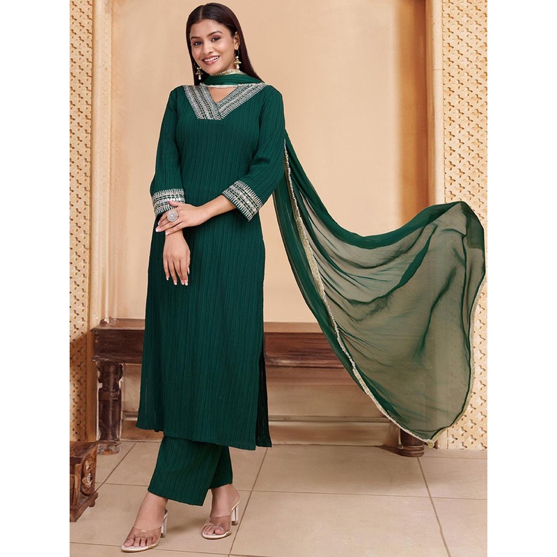 House of Pataudi Embroidered Kurta & Trousers With Dupatta