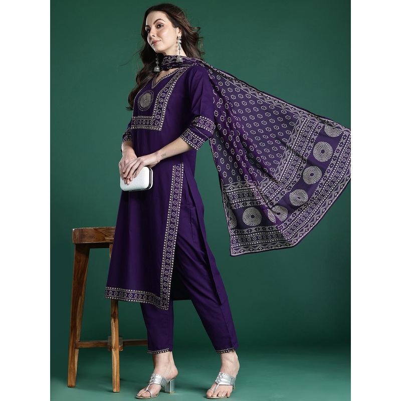 Indo Era Bandhani Printed Mirror Work Pure Cotton Kurta with Trousers & With Dupatta