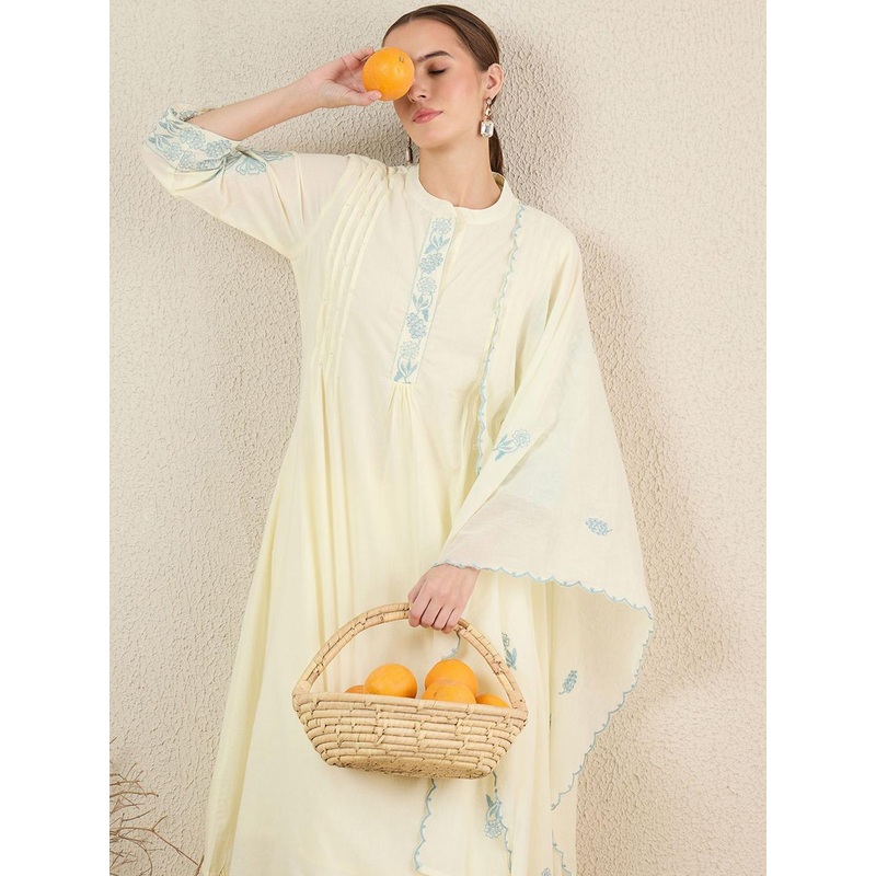 Indo Era Women Solid Embroidered Cotton Kurta with Trousers & Dupatta