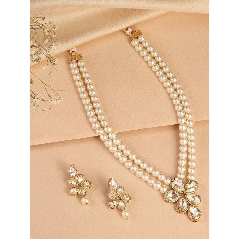 Peora Gold Plated & White Crystal Pearl Long Necklace with Drop Earrings