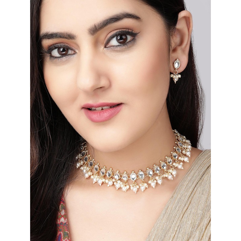 Rubans Gold Plated White Kundan Studded Pearl Beaded Handcrafted Traditional Jewellery Set