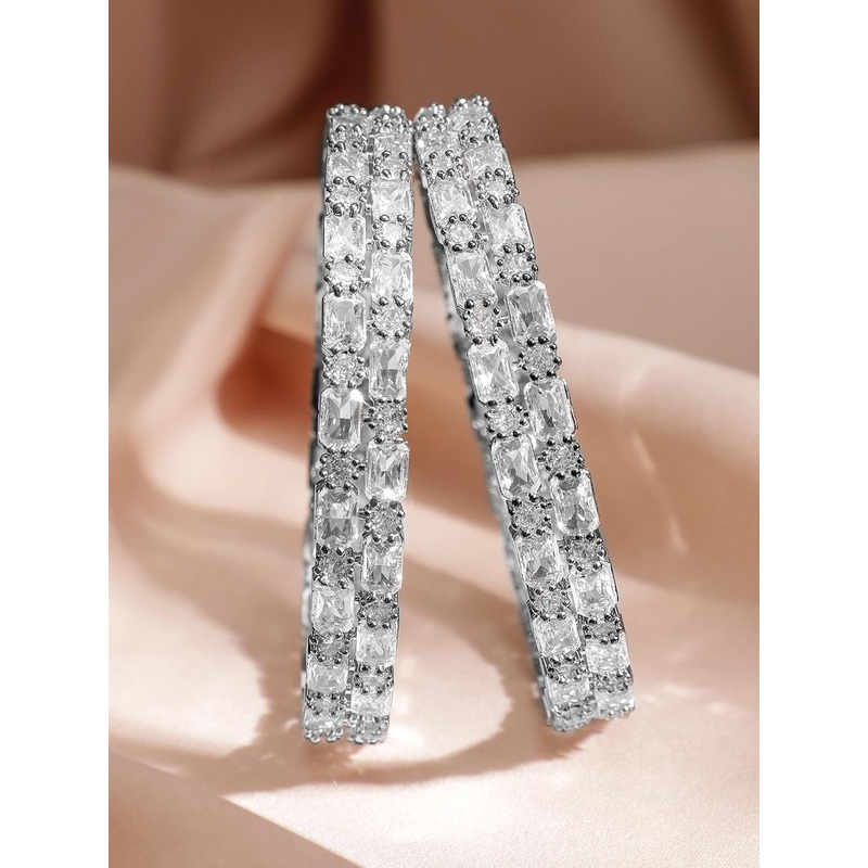 Rubans Set of 2 Rhodium-Plated Crystal White AD & Cubic Zirconia Studded Premium Bangles