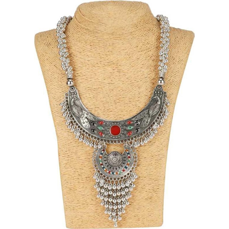 Sangria Artificial Stones and Beads Studded & Beaded Peacock Necklace