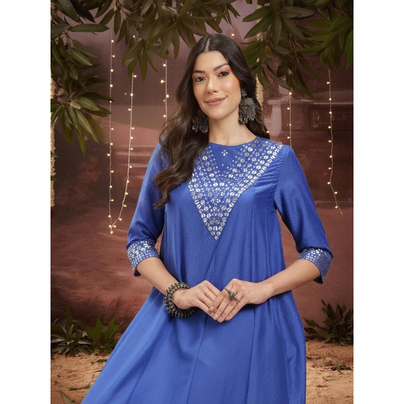 Sangria Yoke Design Pleated A-Line Kurta with Trousers